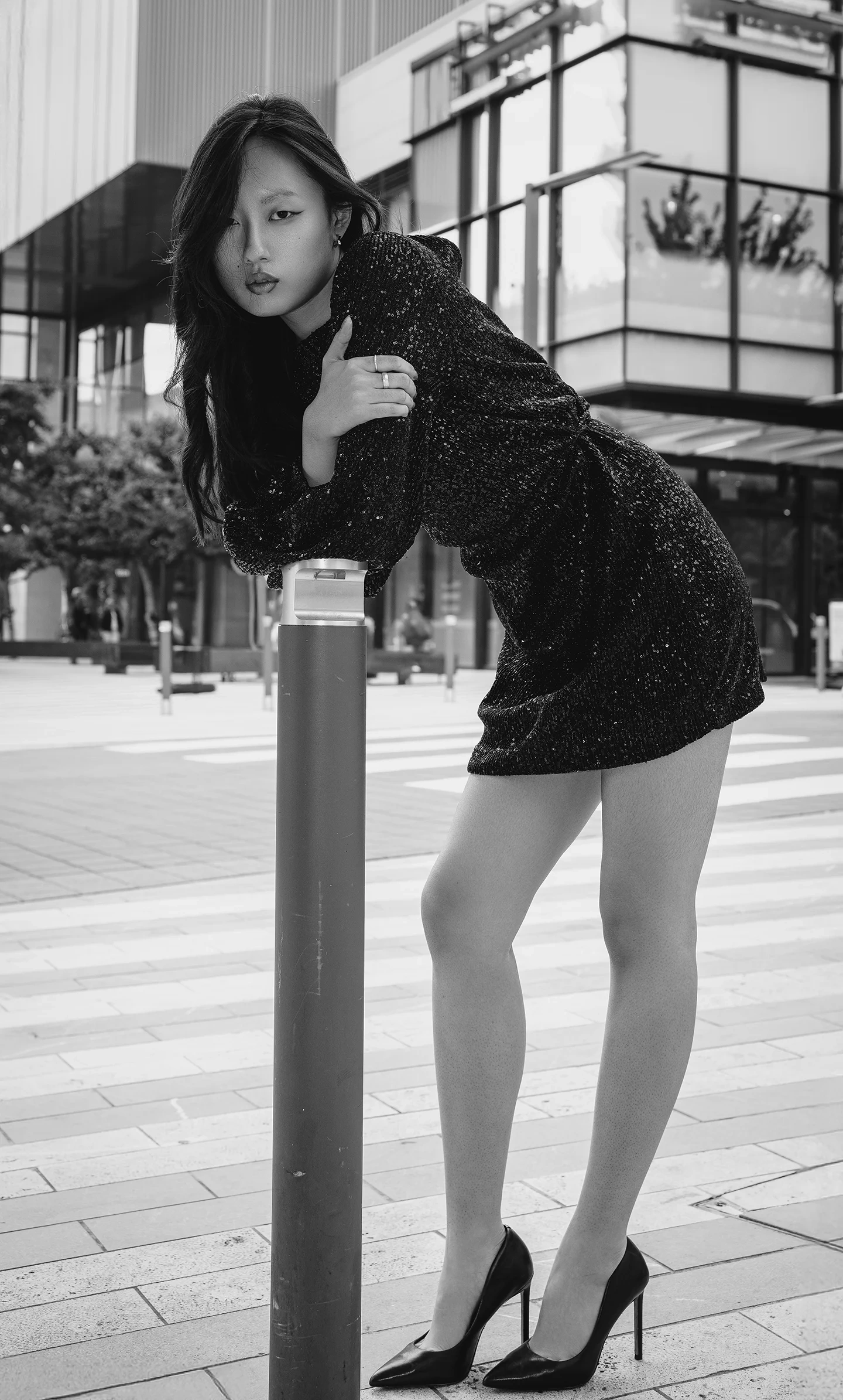 Fashion portrait of model Sara near Burnaby SkyTrain station