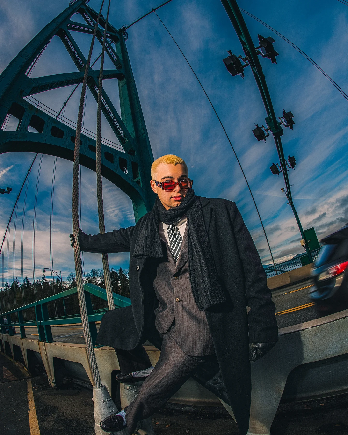 Formal fashion portrait of model Nakaii on Lions Gate Bridge