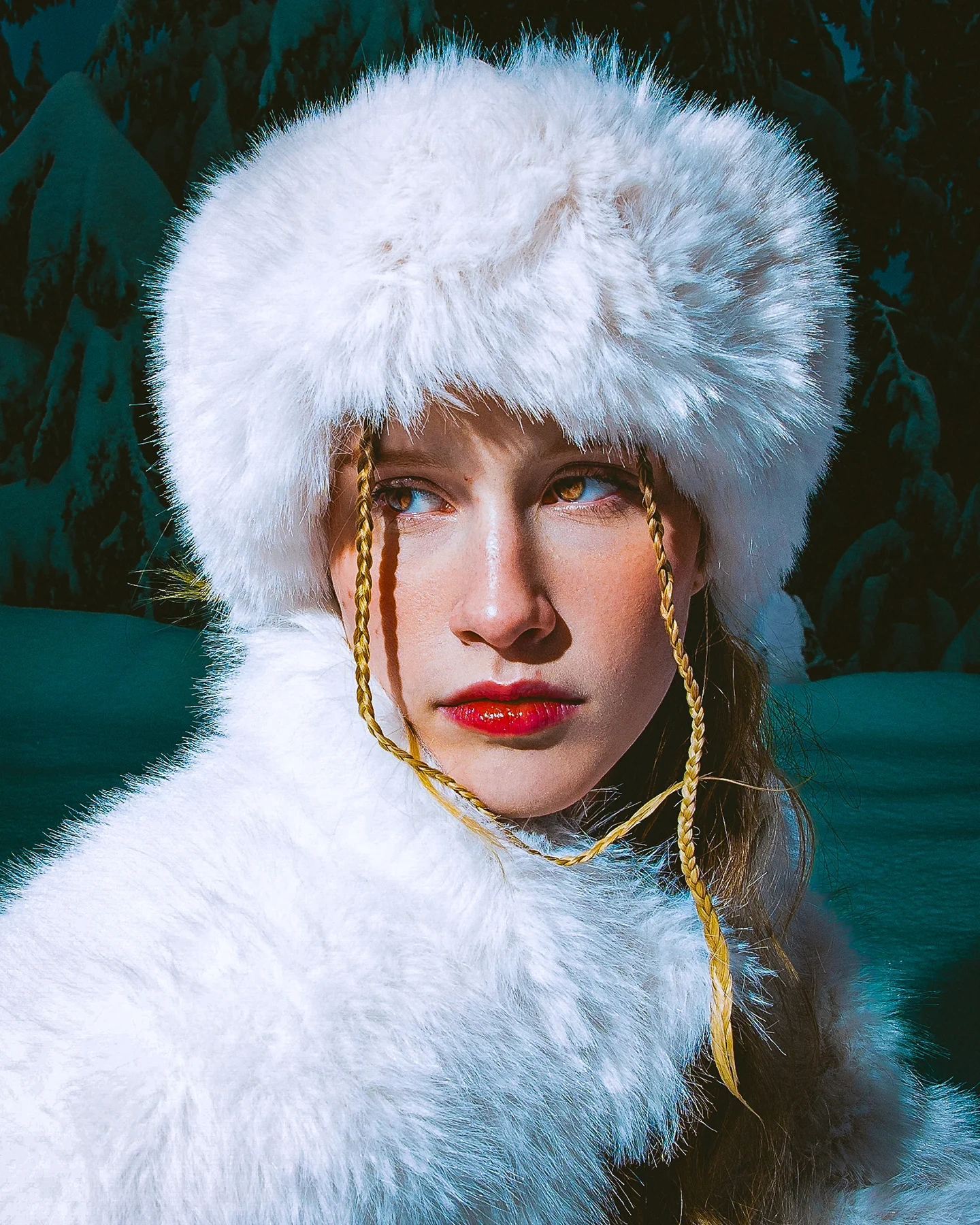 Kolbi Winter portrait in alpine setting with snowy mountain backdrop