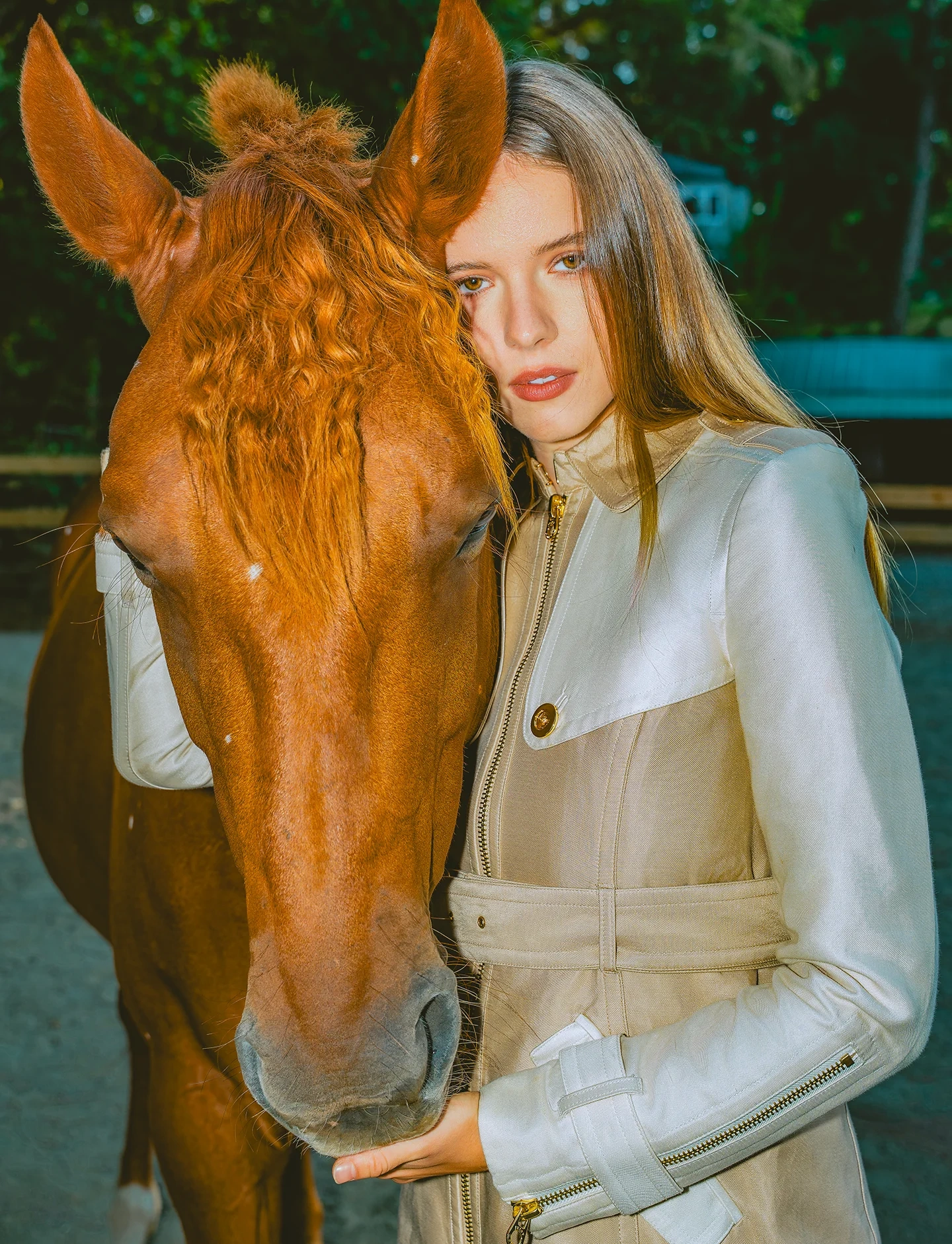 Elizabeth and horse in natural light editorial setting on Vancouver Island