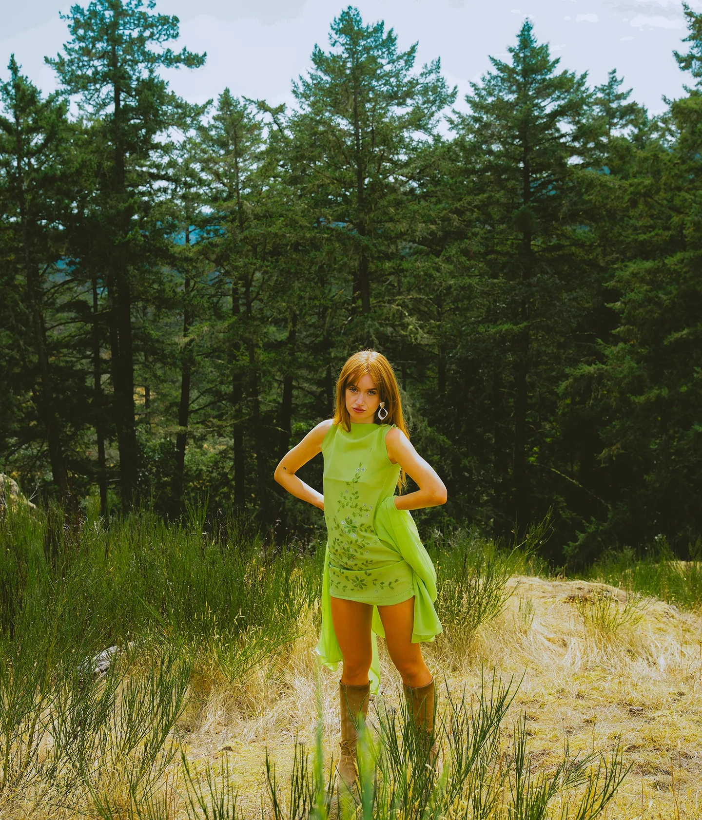 March editorial frame in open field and grass setting
