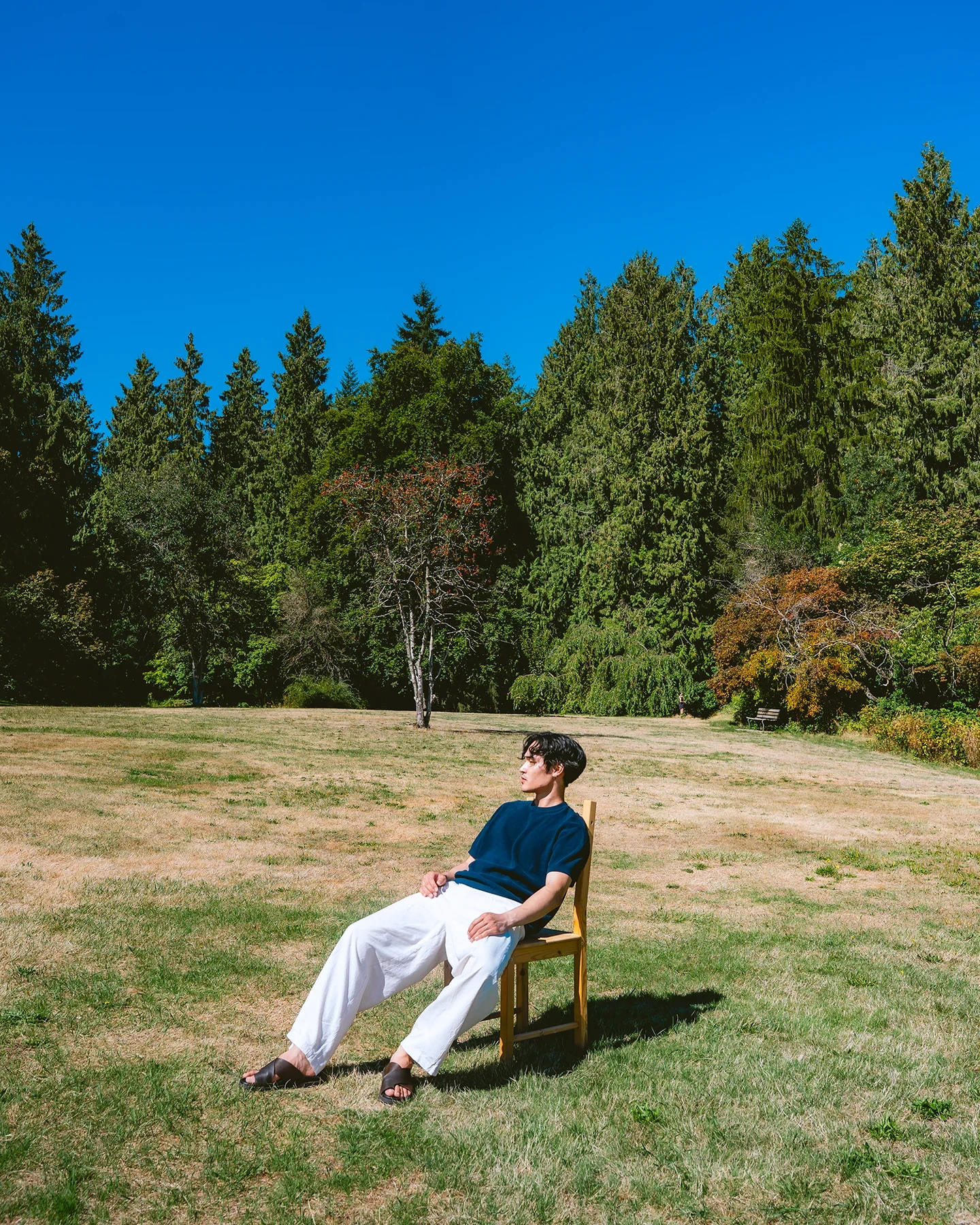Koki fashion editorial frame in tree-lined outdoor location