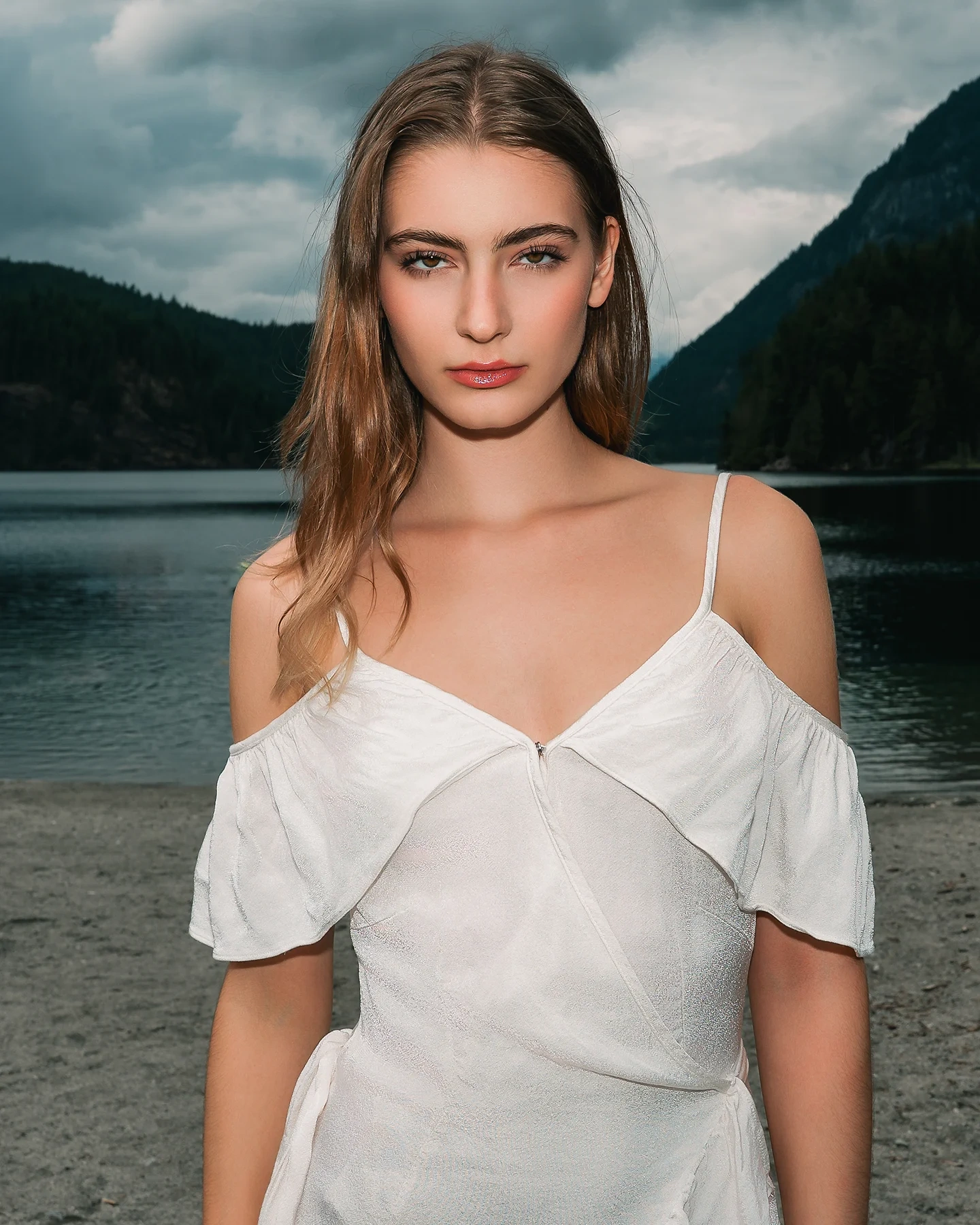 Fashion portrait of Michaela and Kolbi outdoors by a lake