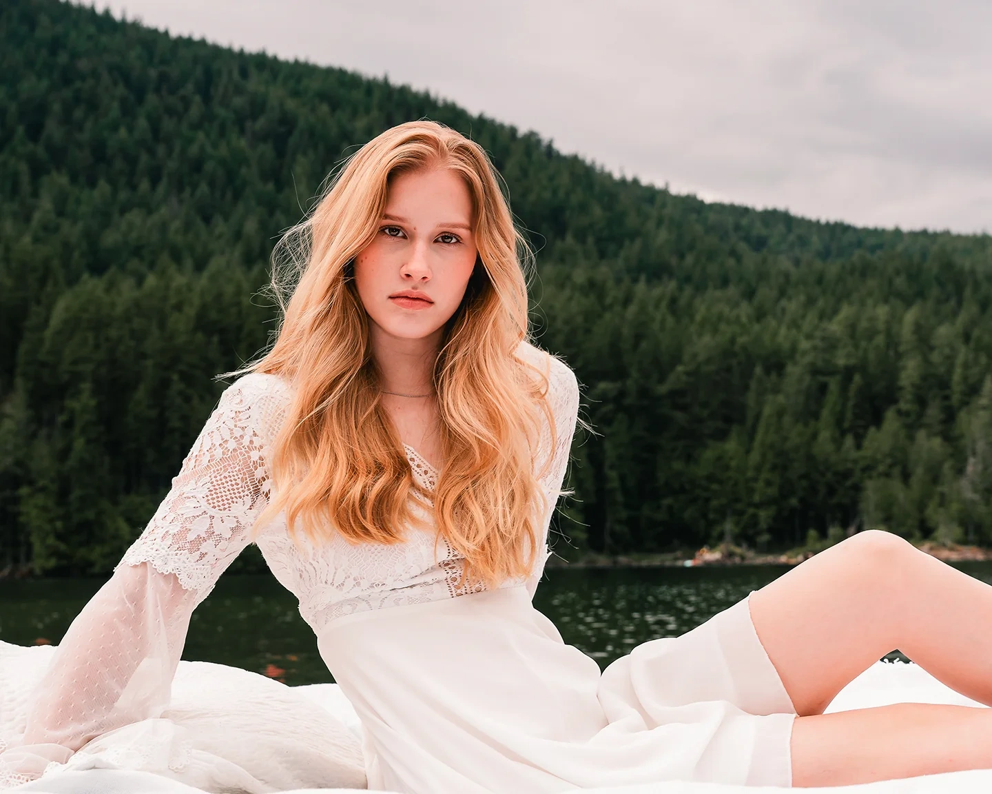 Outdoor fashion composition featuring Michaela and Kolbi near the lake